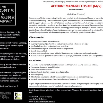 Ambitieuze en doelgerichte accountmanager met een neusje voor "new business" gezocht. Wie komt ons enthousiaste team versterken ?